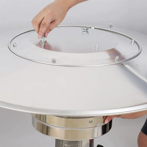 Person assembling Patio Heater Reflector Shield Top Aluminum Dome For Outdoor Propane Heaters 33 Inch Diameter Round Replacement Part