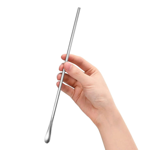 Hand holding a Long Handle Stainless Steel Stirring Spoon 10 Inch Durable Home Bar Tool For Coffee Tea Iced Drinks And Cocktails Reusable