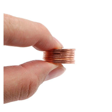 Must Have 30Pcs Copper Washer Flat Ring Gasket Set Seal Kit For Sump Plugs Oil Leak Proof Corrosion Resistant Reduce Friction Durable Heavy Duty For Cars Home Garage Fix Fluid Drips At Shop Easy Install close-up of stacked copper washers held between fingers