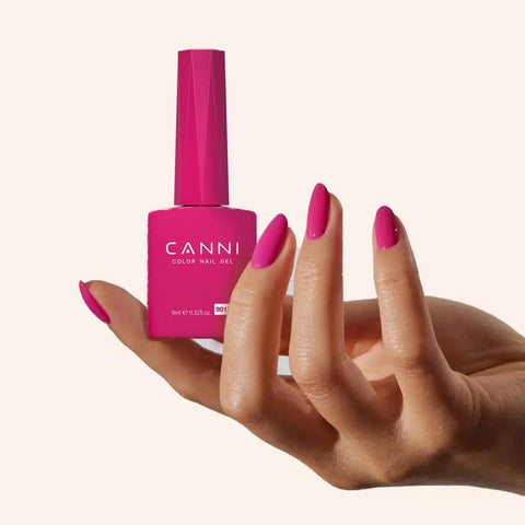 Hand holding CANNI 9ml pink gel nail polish, showcasing vibrant color application, related to Hema Free Gel Nail Polish Set 9ml Six Pack