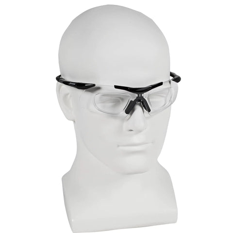 Nemesis Safety Glasses With Rx Inserts, Clear Anti Fog Lenses In Black Frame, displayed on a mannequin head