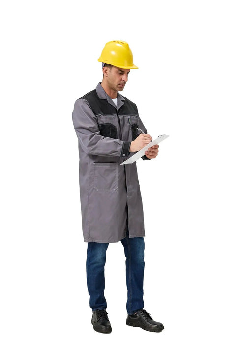 Man wearing Mens Workshop Long Lab Coat With Concealed Front Button Closure Tough Twill Workhorse Ready Coat For Lab And Industrial Jobs