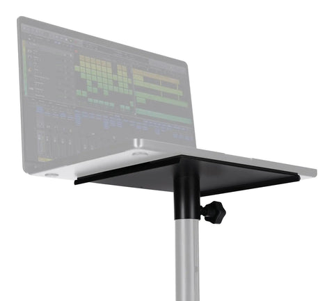 Pole Mount Shelf For 35mm Stands Turns Your DJ Pro Audio Rig Into A Solid Laptop Projector Or Monitor Shelf With A Sturdy 9.45 By 9 Inch Platform And 66 Lb Capacity shown with a laptop on top.