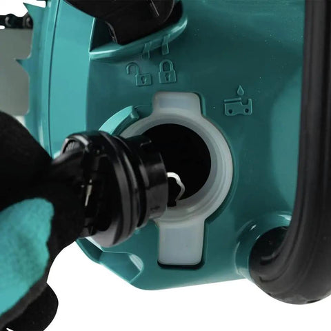 Close-up of the 16 Inch 40V Max Brushless Top Handle Electric Chainsaw Kit With 4Ah Battery showing the oil fill cap.