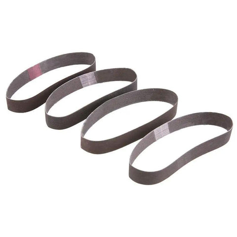 Four three eighths inch by thirteen inch sanding belts for woodworking and metal polishing, silicon carbide, various grits shown.