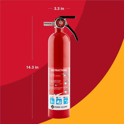 Front view of a Home Fire Extinguisher Kit Four Pack UL Rated 1A 10B C Rechargeable All Metal Construction Easy To Use Multi Purpose Fire Extinguisher For Wood Paper Fabric Flammable Liquids And Electrical Fires with instruction labels and size dimensions displayed.