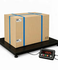 Heavy Duty Rock Hard Commercial Pallet Scale Featuring 48 Inch Square Floor Platform With 10000 Lb Load Rating with box on scale