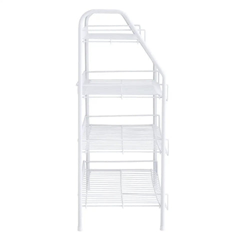 Side view of Four Tier Wire Shoe Rack White Simple Assembly Holds Up To 12 Pairs Of Shoes In Bedroom Or Closet Heavy Duty Metal