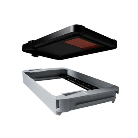 Top Shelf Compatible Resin Tank For Form 4L 3D Printer Hella Durable Replacement Vat with outer black cover and gray base.