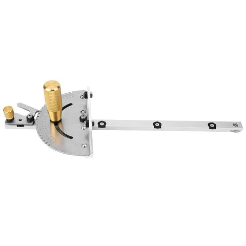 Killer Precision Miter Gauge With Sweet Brass Handle For Table Saw And Router Table Delivering Dead On Accuracy And Clean Woodworking Cuts Across Twenty Seven Angle Stops, featuring brass grip and zinc body.