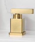 Brushed Gold Two-Handle Bathroom Faucet, 8-Inch Widespread 3-Hole Sink Fixture, showing one handle close-up with sleek design.