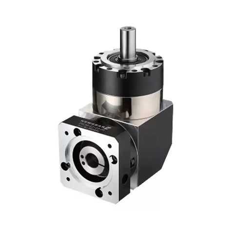 Badass 90 Degree Right Angle Planetary Gear Reducer With Hella Precise 50 To 1 Ratio For Nema 23 And Nema 34 Stepper Motors Plus 60 To 130 Mm Flange Servo Adapters Rock Solid Construction Delivers Smooth Power Flow view from side showing the gearbox and output shaft.