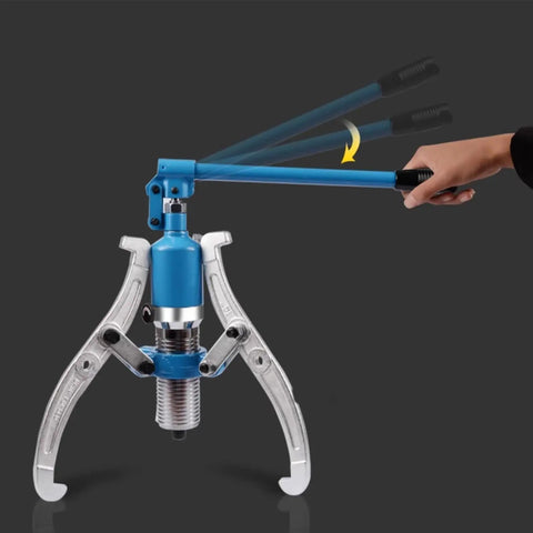 Heavy Duty 50 Ton Hydraulic Gear Puller Tool For Shaft And Pulley Removal in action with moving handle and alloy steel jaws