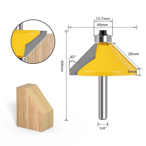Five Piece Chamfer Router Bit Set With One Quarter Inch Shank For Bevel Edge Forming Angles 11.25 15 22.5 30 45 Degrees Heat Treated Durable Tungsten Carbide Blades For Clean Sharp Edges On Woodworking For DIYers And Pros close-up image
