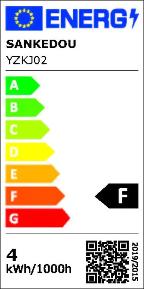 Energy label showing F rating for efficiency, highlighting Sankedou YZKJ02 with kWh/1000h and QR code.