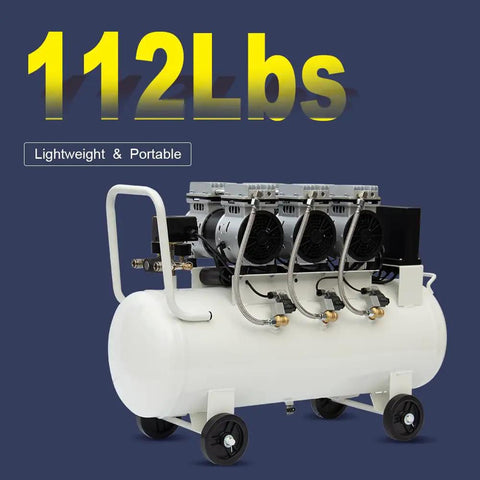 Whisper Quiet 3HP Oil Free Air Compressor 115 PSI 17 CFM 17 Gallon Tank portable unit weighing 112 lbs with wheels for easy movement.