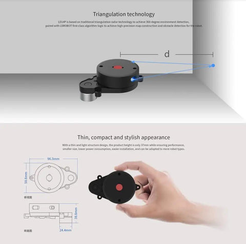 Top and side view of a 2D LiDAR Sensor with 360 Degree Scanning and 8m Range, 2300 Hz Refresh Rate, for robot use.