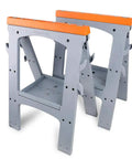 Heavy Duty Rectangular Folding Sawhorse Set Of Two with orange tops and gray frames, designed for 900 lb weight limit on jobsites.