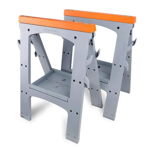 Heavy Duty Rectangular Folding Sawhorse Set Of Two with orange tops and gray frames, designed for 900 lb weight limit on jobsites.