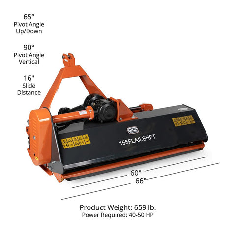 3 Point 60 Inch Flail Mower With Hydraulic Side Shift For Cat 1 Tractors And Loaders, PTO Powered 40-50HP Mowing Attachment With Replaceable Forged Hammer Blades, Built Beefy For Real Tough Underbrush