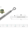Rock Solid T316 Stainless Steel Eye Eye Turnbuckle measuring one point five by twelve inches, drop forged for rigging use.