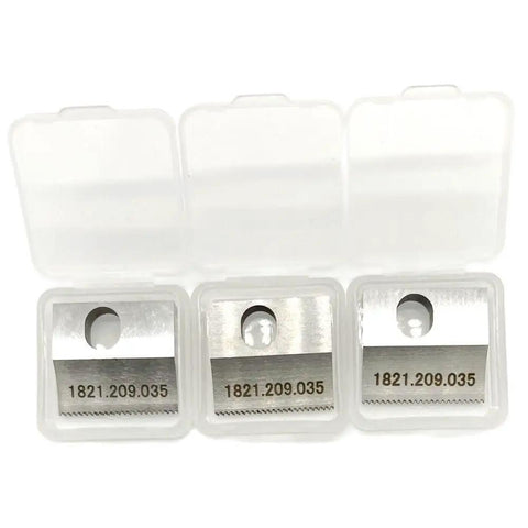 Replacement Cutting Knife Blade for OR-T130 and ORT260 Battery Powered Plastic Strapping Tool, OEM Wear Part 1821.209.035 with Flanged Bushing, Built Tough, Easy Install, High Precision Cutter, shown in plastic case