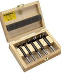 Hella Sharp Five Piece Forstner Drill Bit Set Covers 5 8 To 1 3 8 Inches in wooden crate, ideal for precise woodworking tasks.