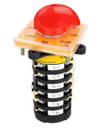 Front view of Workhorse Eight Position Rotary Cam Switch for Milling Machines, with red knob, panel mount, industrial use, 25A 500V.