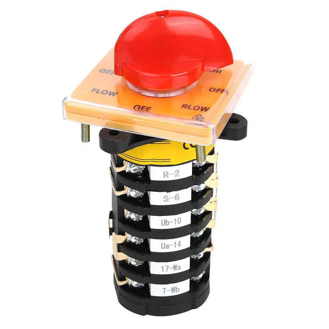 Front view of Workhorse Eight Position Rotary Cam Switch for Milling Machines, with red knob, panel mount, industrial use, 25A 500V.