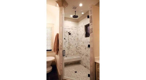 Shower with 70PS Recessed Light Trim With Frosted Albalite Lens, showing recessed lighting in a bathroom setting.