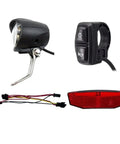 Premium Ebike Light Set Fits 12-72V Systems Includes Super Bright Front Headlamp And Rear Taillight For Night Riding Stability No Converter Needed Durable Build For All E Bike Models Out There, e bike light kit with headlamp, switch, wiring and red taillight