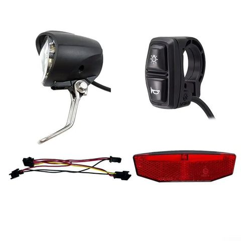 Premium Ebike Light Set Fits 12-72V Systems Includes Super Bright Front Headlamp And Rear Taillight For Night Riding Stability No Converter Needed Durable Build For All E Bike Models Out There, e bike light kit with headlamp, switch, wiring and red taillight