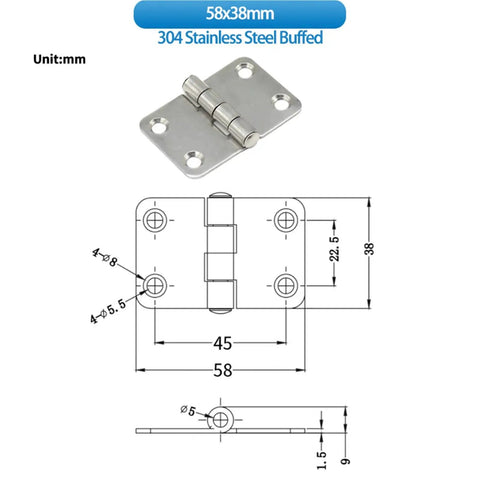180 Degree Load Bearing Equipment Door Hinge 304 Stainless Steel Flat Open Folding Beefy Buffed Finish Heavy Duty Security Gate Hinge