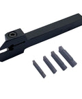 Lathe Grooving Tool Holder MGEHR1616-2 with 11 MGMN200-G indexable carbide inserts, durable 40Cr steel, shown disassembled.
