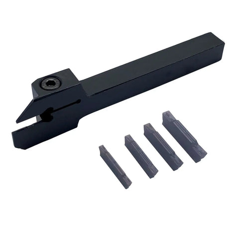 Lathe Grooving Tool Holder MGEHR1616-2 with 11 MGMN200-G indexable carbide inserts, durable 40Cr steel, shown disassembled.