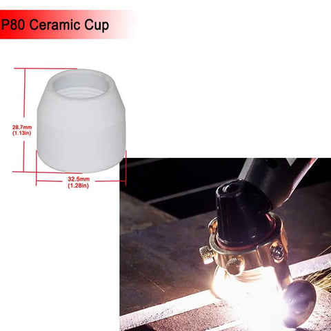 P80 ceramic cup and plasma cutter in use from 50 Piece P80 Plasma Cutter Consumables Set For Pilot Arc Non Touch Torch Includes Electrodes Nozzles Tip Cups Replacement Parts For Long Lasting DIY And Pro Use In The Shop Pro Grade