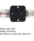 Inline Fuse Holder With Resettable Circuit Breaker For Car Audio Protection, 12V 24V DC, Push Button Reset, black and transparent