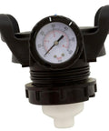 Waterway pressure relief valve assembly with gauge; black body, white dial, side handles, bottom inlet.