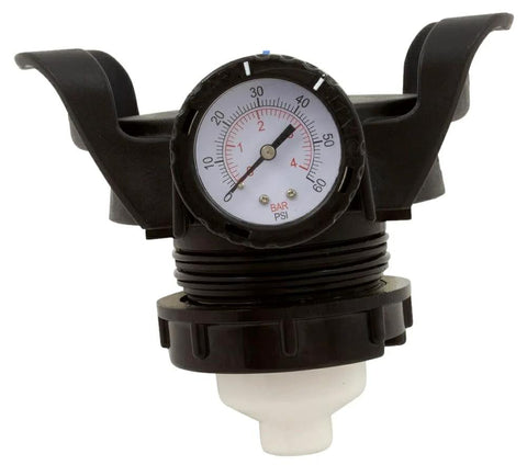 Waterway pressure relief valve assembly with gauge; black body, white dial, side handles, bottom inlet.