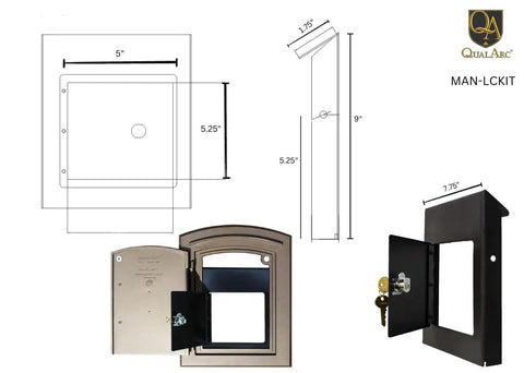 Manchester Locking Conversion Kit For Non Locking Column Mount Mailbox Black Converts A Non Locking Manchester Mailbox Into A Secure Locking Unit With Interior Doorplate And Fits Small Parcels Up To 5 By 5.5 Inches Easy Install showcased with dimensions and opened door view.