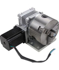 Straight Up Precision 4th Axis Gearbox For CNC Router, Hella Tough Rotary Three Jaw 100mm Chuck With 20 To 1 Ratio, Smooth Engraving Tailstock, Sweet Upgrade For Wood And Metal Jobs, close-up of motor and chuck
