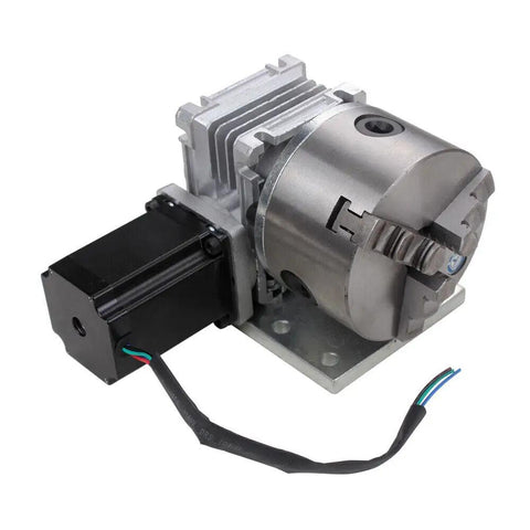 Straight Up Precision 4th Axis Gearbox For CNC Router, Hella Tough Rotary Three Jaw 100mm Chuck With 20 To 1 Ratio, Smooth Engraving Tailstock, Sweet Upgrade For Wood And Metal Jobs, close-up of motor and chuck