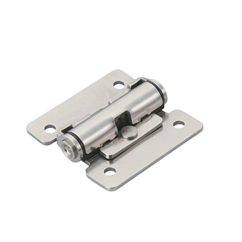 Close-up of torque-damping concealed cabinet hinge; stainless steel, 90-degree, no-drill mounting; 2-piece set.