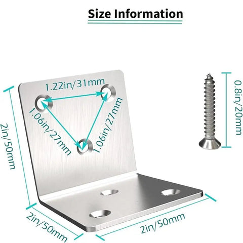 Thickened Stainless Steel L Shaped Corner Brackets Built Tough For Furniture Assembly shown with size details and screw.