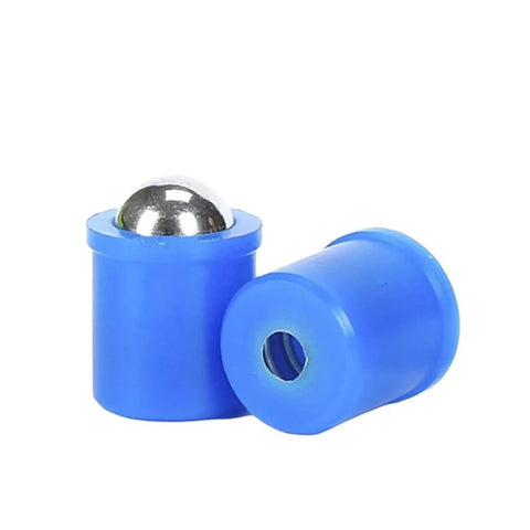 Top Tier Pom Plastic Ball Plungers Bring Hella Reliable Spring Press Force For Snap Tight Push Fit Mounting On Auto Trim Panels And Heavy Machinery Fixtures, blue with metal ball.