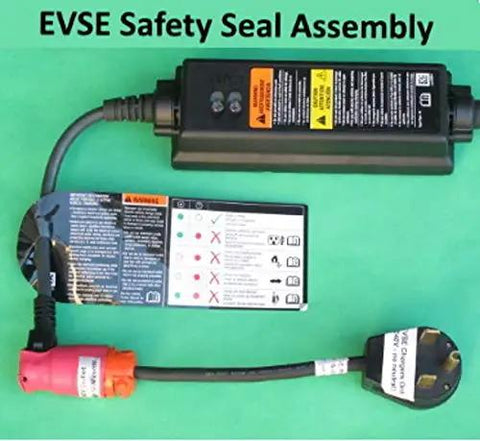 EVSE Safety Seal Assembly showing connectors, control unit, and safety instructions for Level 2 EV Charger Adapter use.