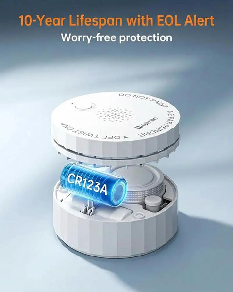 Keep Your Home Hella Safe With This Ultra Compact Wireless Interconnected Smoke Detector Featuring A Ten Year Battery Life And Seamless RF Linked Alerts For Quick Whole House Protection, showing the smoke detector's battery compartment.