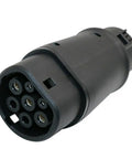 Top Shelf Plug And Play Type 1 To Type 2 EV Charger Adapter 32A Electric Vehicle Socket Converter SAE J1772 Connector close-up view.