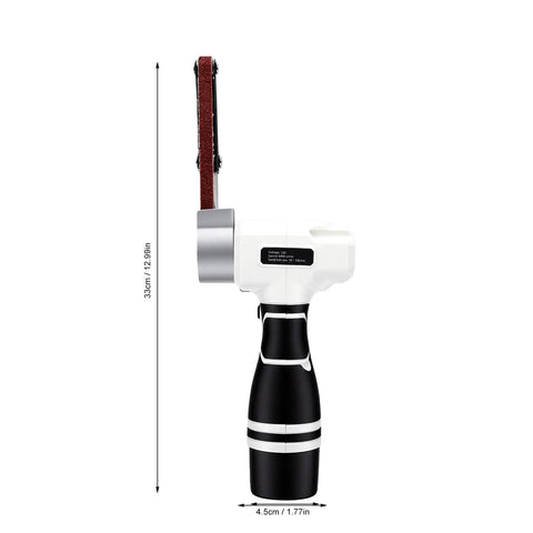 Badass Cordless Belt Sander With Brushless Motor And Rotating Head For Wood Or Sheet Metal Works with ten spare sanding belts shown side view.