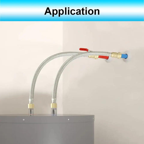 Flexible Water Heater Connector Kit With 24 Inch Stainless Steel Braided Hose And Integrated Three Quarter Inch Ball Valve FIP